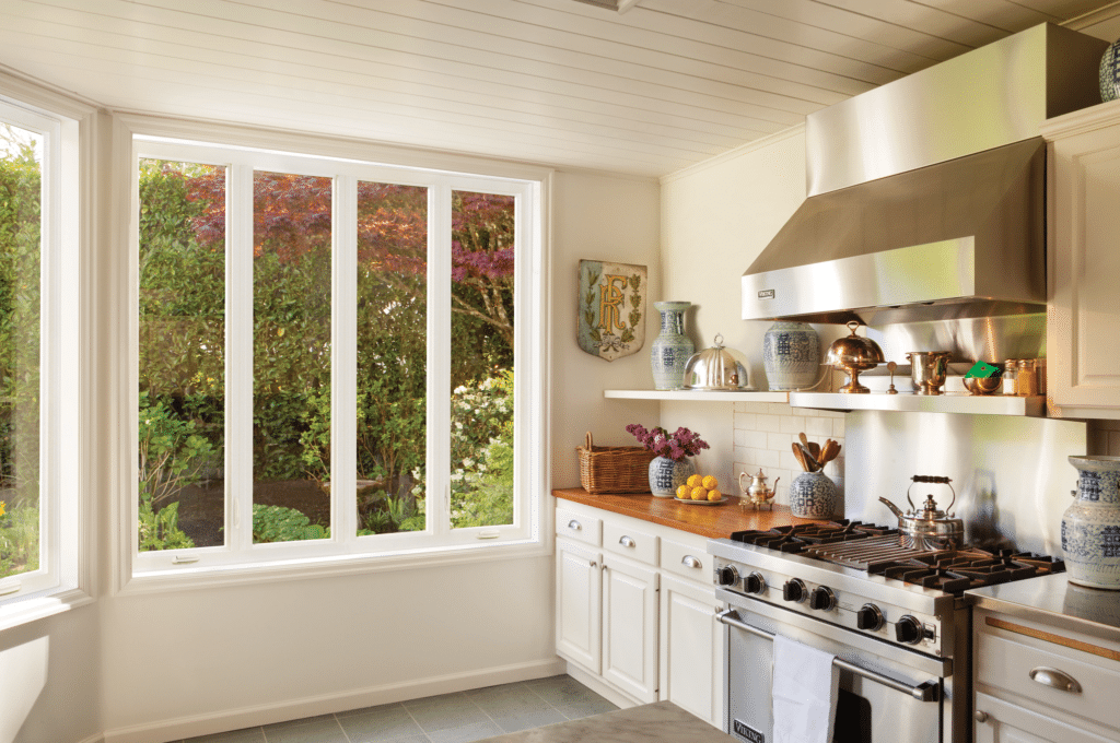 Residential windows in a kitchen in Austin.  This is a 4-lite casement window.
